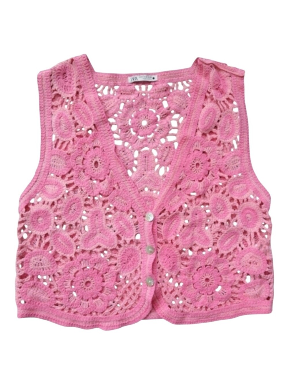 Zara Pink Crochet Floral Vest Button Front Boho Cropped Festival Shabby Chic SM